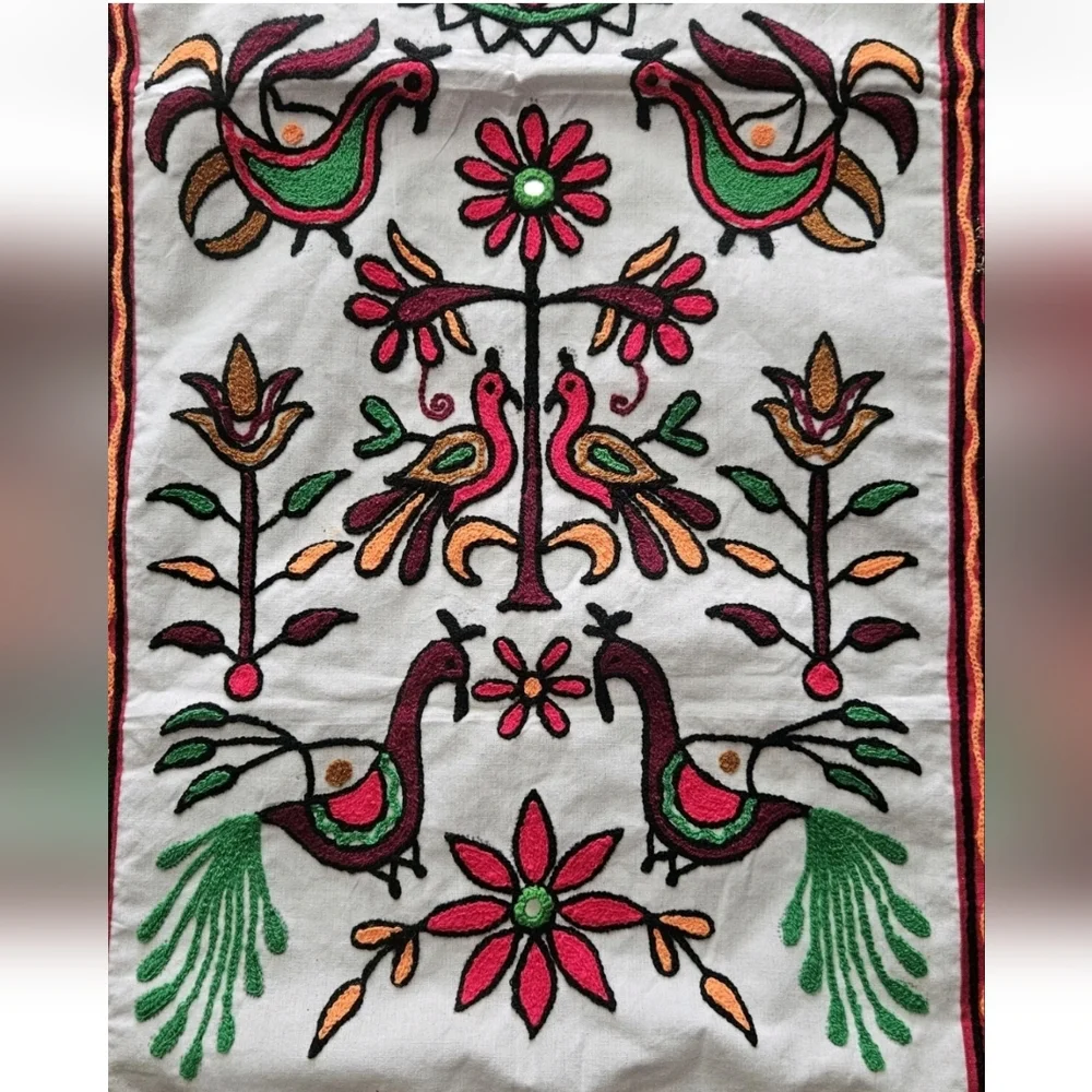 South American Folk Art Floral Embroidered Tapestry Table Runner  17×34 Wall Art